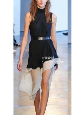 高领立裁无袖真丝黑白撞色连衣裙 贵气桑蚕丝礼服裙 生日 度假风