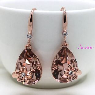 威妮华比拉水晶耳环 水滴花朵饰品 韩国女士耳勾精致闺蜜女生可爱