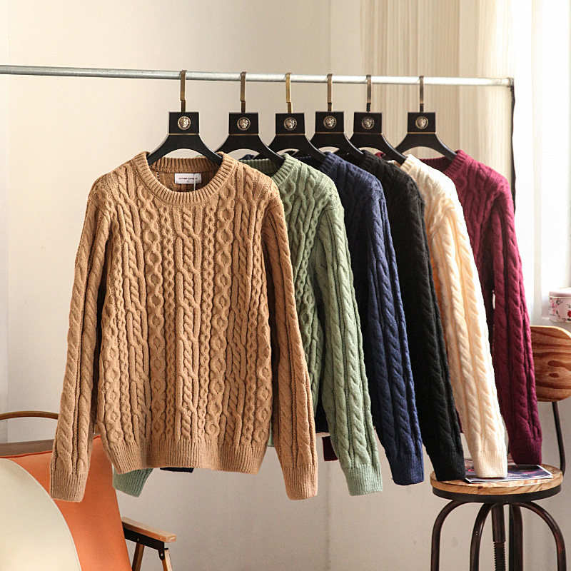 冬季新款日系复古麻花提花针织衫男士宽松慵懒休闲圆领套头毛衣潮