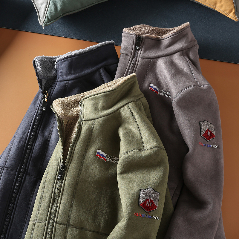 加绒加厚立领保暖鹿皮绒夹克外套