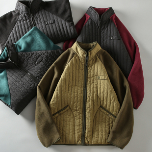 秋冬新款 绗缝夹棉摇粒绒撞色拼接男女士轻薄立领保暖棉衣棉服外套