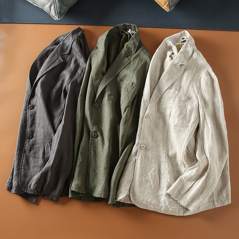春夏薄款天然亚麻透气排汗男士商务休闲苎麻帅气小西服棉麻外套潮