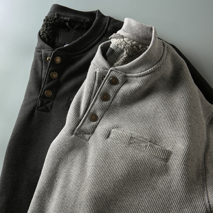 卫衣套头衫 外贸余单 亨利领长袖 大码 华夫格加绒加厚保暖秋冬男士