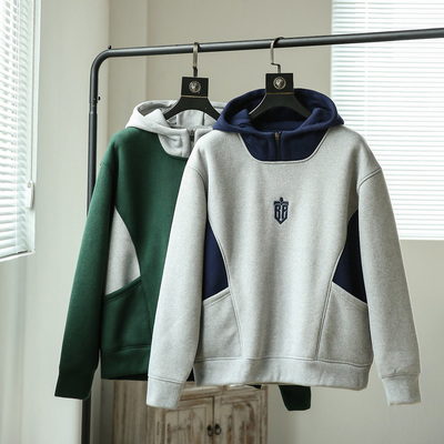 冬季加厚加绒撞色拼接羊羔绒卫衣