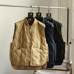 棒球领棉马甲背心外套 时尚 秋冬新款 日系街头复古纯色菱格绗棉男士