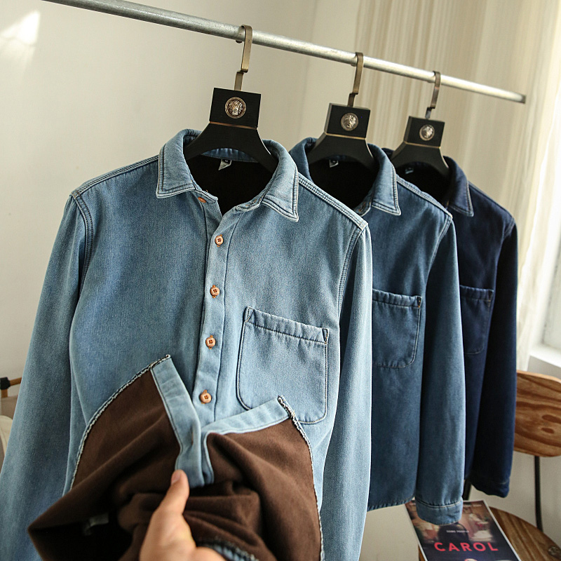 翻领长袖日系复古加绒加厚衬衫潮