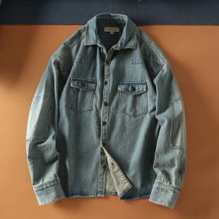 秋季 男士 休闲工装 美式 牛仔衬衫 纯棉水洗做旧 长袖 外套潮 复古咔叽