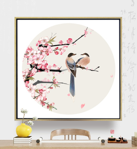 喜鹊中式风卧室桃花装饰画