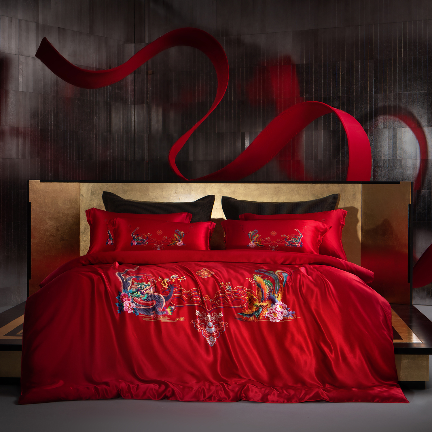 重磅22姆米真丝四件套龙凤婚庆100%桑蚕丝大红床单被套床上用品