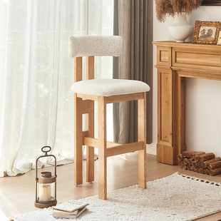 法式中古风吧椅 复古全实木吧台椅 泰迪绒高脚靠背椅 加粗白蜡木