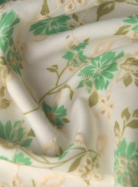绿色大花枝绣花涤棉布料 上衣连衣裙童装娃衣手工diy服装面料