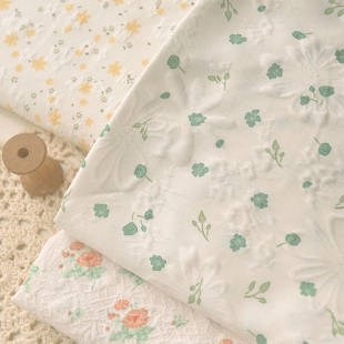 面料 衬衫 黄色橘红绿小花立体浮雕布料 夏秋上衣连衣裙沙发巾童装