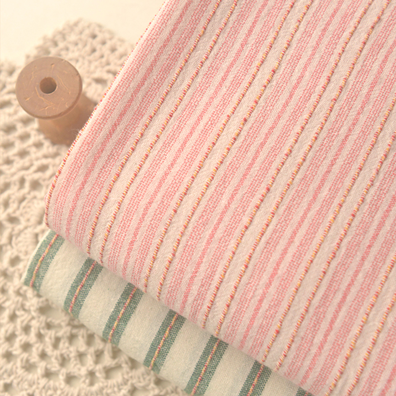 连衣裙森绿白红黄提花条洗水棉麻