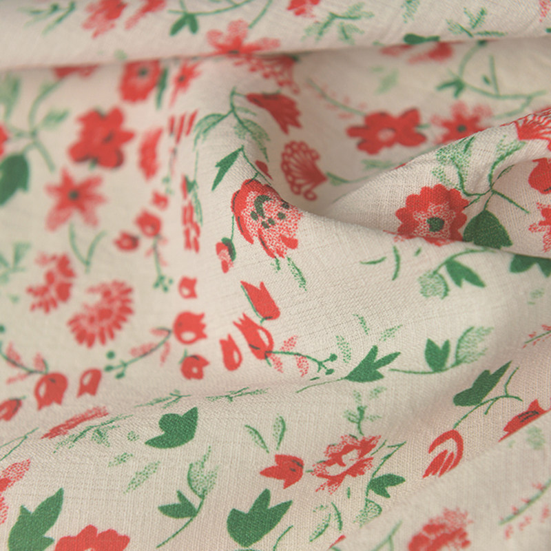 红绿花枝叶竹节涤麻绸 连衣裙桌布沙发巾家居装饰包包布袋diy面料