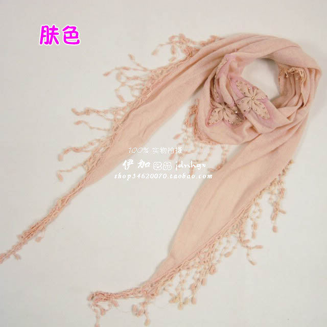 冬季女士针织围巾手工串珠装饰保暖防寒流苏拼接纯色三角披肩特价