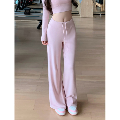 Byu run 新款垂感抽绳宽松直筒运动裤女高腰显瘦瑜伽长裤休闲卫裤