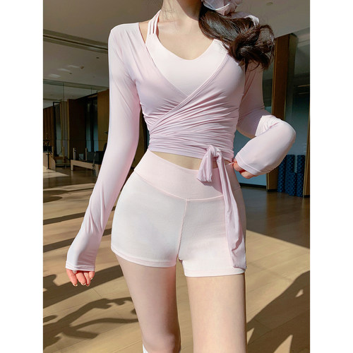 Byurun 新款螺纹粉色高腰收腹瑜伽外穿短裤女修身蜜桃臀三分短裤
