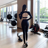 run 女提臀运动健身裤 新款 瑜伽服上衣套装 两件套 露背黑色长袖 Byu