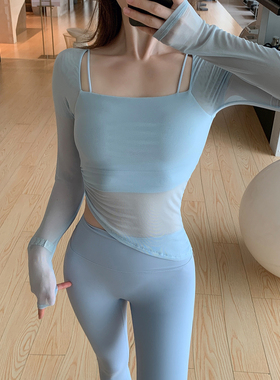 Byu run 修身蓝色假两件运动长袖T恤女短款收腰瑜伽健身服上衣