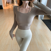run新款 修身 方领长袖 Byu 运动T恤女短款 带胸垫瑜伽上衣速干健身服