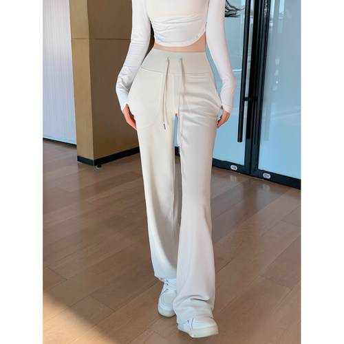 Byu run 新款抽绳白色休闲运动裤女宽松直筒阔腿裤高腰健身瑜伽裤