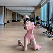 瑜伽上衣纱纱罩衫 Byu T恤女短款 修身 run2025新款 连帽粉色运动短袖