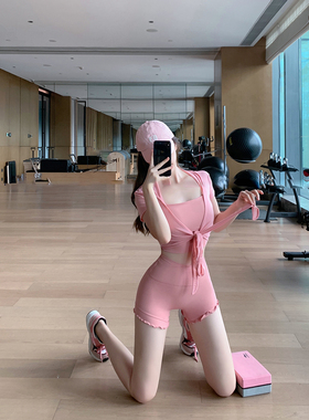 Byu run2025新款连帽粉色运动短袖T恤女短款修身瑜伽上衣纱纱罩衫