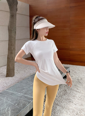 Byu run 中长款遮臀瑜伽服女短袖跑步速干运动上衣修身显瘦健身服