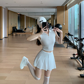 运动背心瑜伽套装 半拉链Polo领无袖 女百褶网球半裙两件套 run Byu