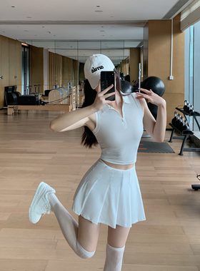 Byu run 半拉链Polo领无袖运动背心瑜伽套装女百褶网球半裙两件套