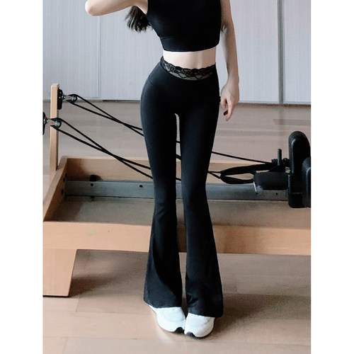 Byu run 新款蕾丝边高腰黑色瑜伽喇叭裤女蜜桃臀显瘦微喇运动长裤