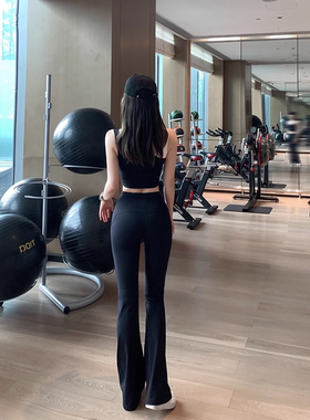 BYU RUN 新款黑色运动长裤女直筒休闲瑜伽裤高腰提臀健身裤喇叭裤