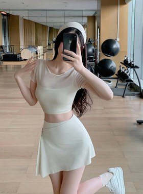 Byurun新款假两件网纱短袖瑜伽上衣女一体式速干防震高强度运动服