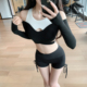含胸垫长袖 假两件黑白拼色露肩瑜伽服上衣女短款 运动T恤 run Byu