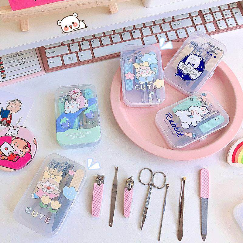 卡通印花指甲剪套装硅胶防滑修剪指甲钳7件套不锈钢美甲刀套装