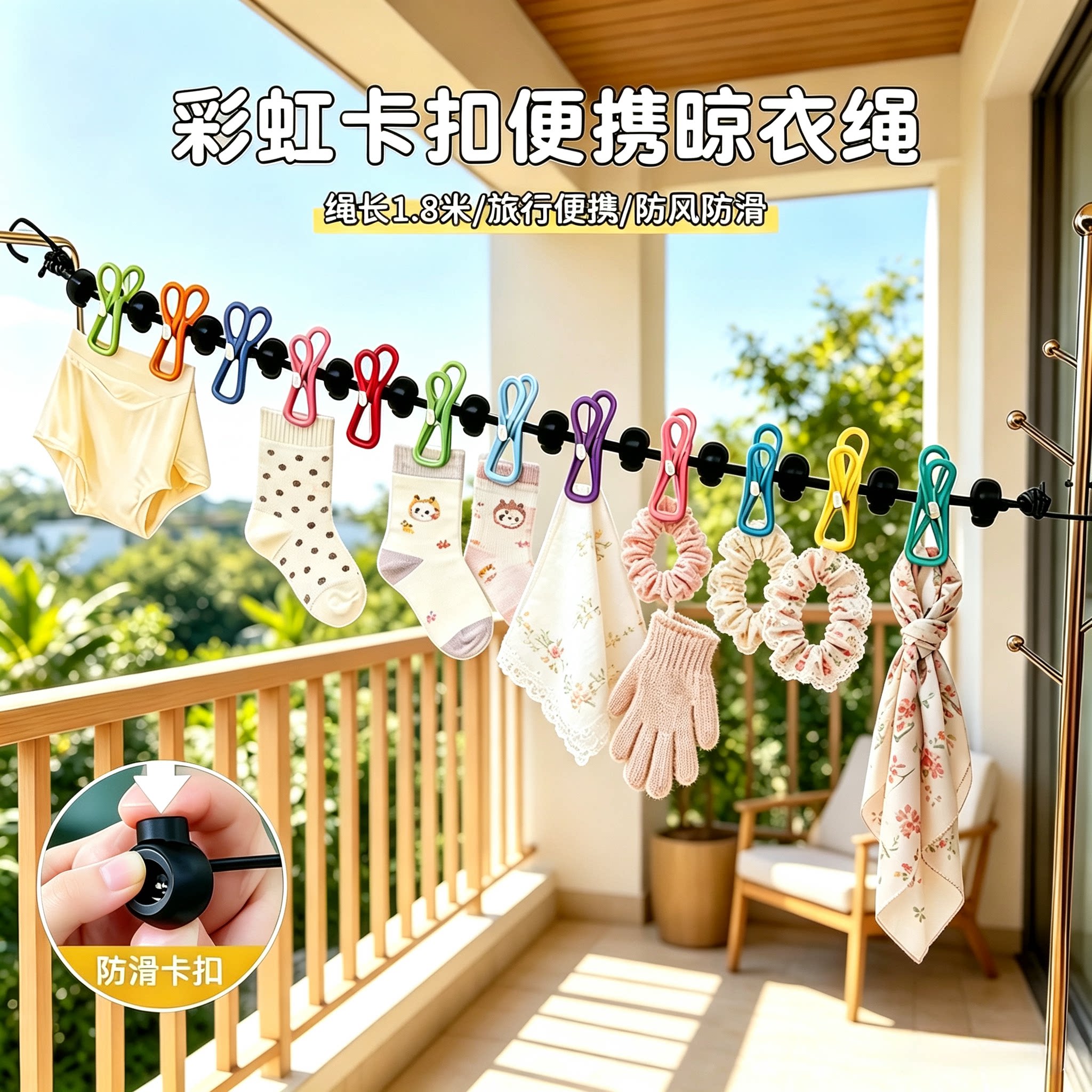 出行便携免打孔防滑晾衣绳