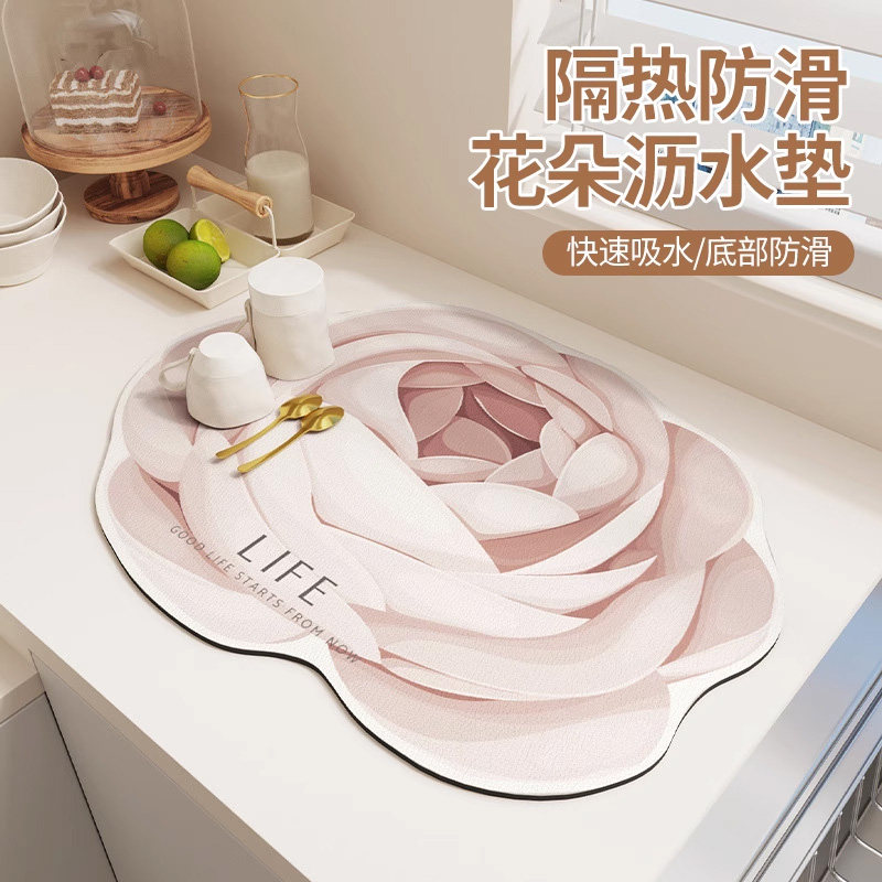 花朵沥水垫厨房台面免洗吸水餐具碗盘筷硅藻泥吸水餐垫杯垫吧台垫