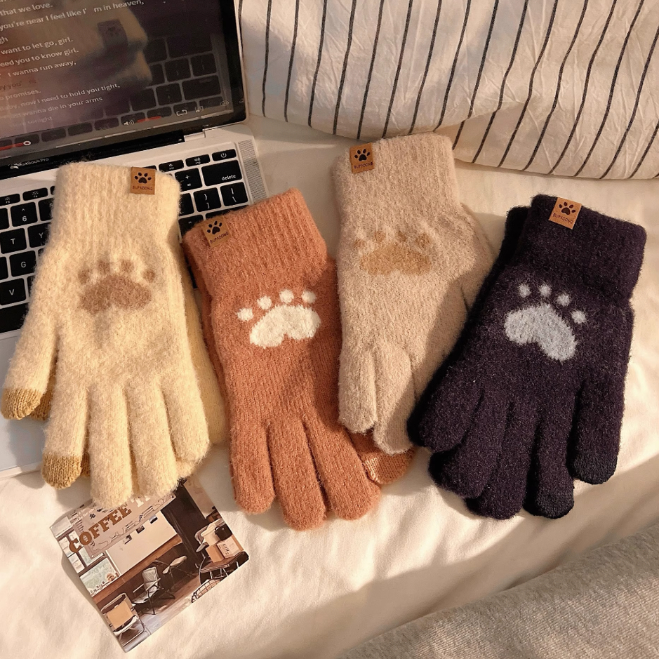 防冻可爱手套女学生写字秋冬季韩版毛线加厚熊掌全指触屏针织手套