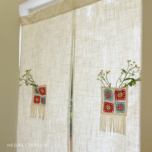 HEGALY 祖母格口袋门帘亚麻米色编织隔断帘入户玄关原木复古分片