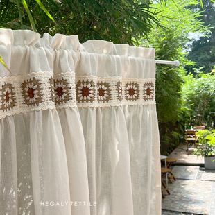 HEGALY 温柔焦糖米黄复古祖母格编织感窗纱透光窗帘棉麻门帘隔断