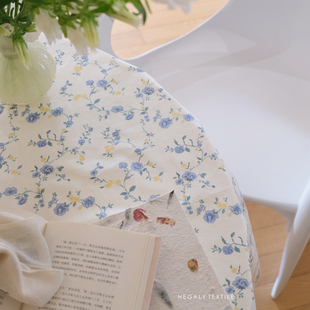 HEGALY 小蓝玫瑰复古印花桌布法式浪漫餐桌茶几床头柜盖布淡米色