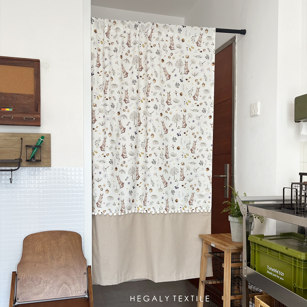 HEGALY 小兔森林棉麻印花可爱儿童房小窗帘格子毛毛球ins风浅咖米,居家布艺,成品窗帘,淘宝优惠券,粉丝福利购,淘宝优惠卷