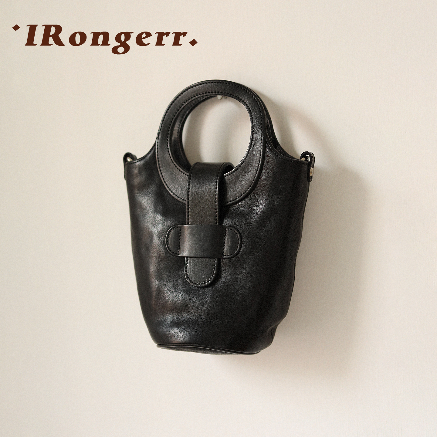 IRongerr复古植鞣牛皮圆环小桶包