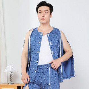 男士透析秋衣纯棉袖子带拉链上衣picc专用输液港衣服肩膀骨折睡衣