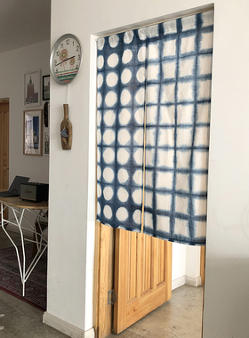 |▋本事|▋LZ09 手工扎染蓝染棉麻AB款半遮光门帘 半帘 85x120cm