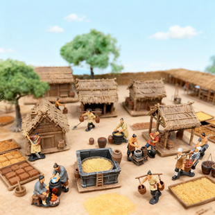 古法濮人善酿树脂仿真草房酿酒工人文化微缩人物雕塑造景工艺摆件