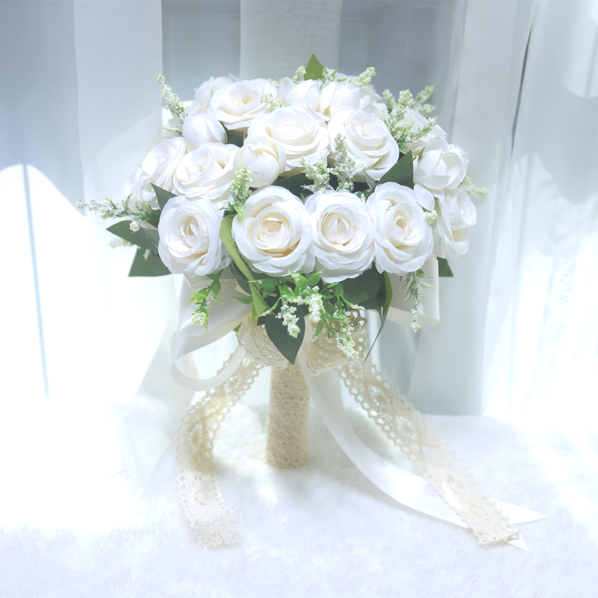 森系婚礼手捧花仿真玫瑰花影楼新娘拍摄道具西式森系手持假花花束