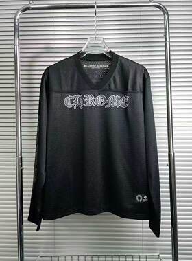 潮牌製品新款梵文字母印花冰球服双层网眼休闲宽松男女款长袖T恤