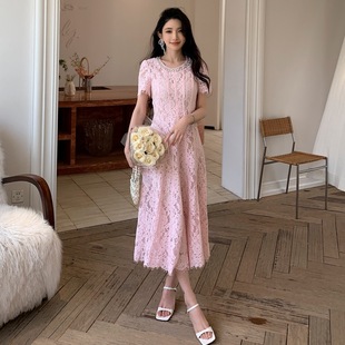 连衣裙旅游度假女神 新款 女装 粉红色宴会珍珠圆领短袖 蕾丝修身