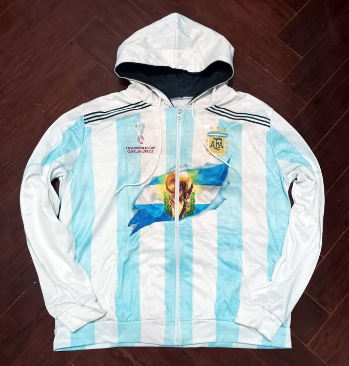 阿根廷足球外贸原单炫酷花色加绒连帽小码男士开衫卫衣男夹克外套